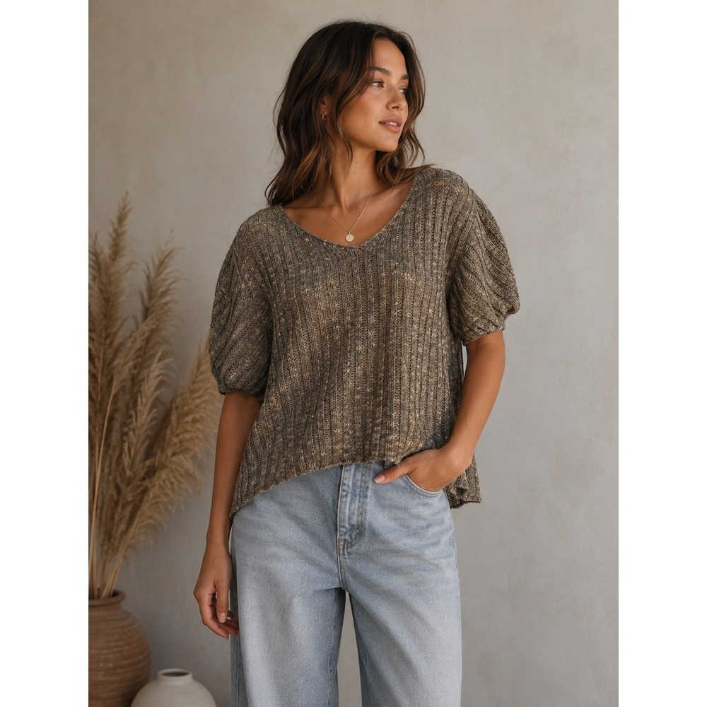Rubbish Nordstrom Brown Green Oversized Cropped Open Knit Sweater XL Short Slv